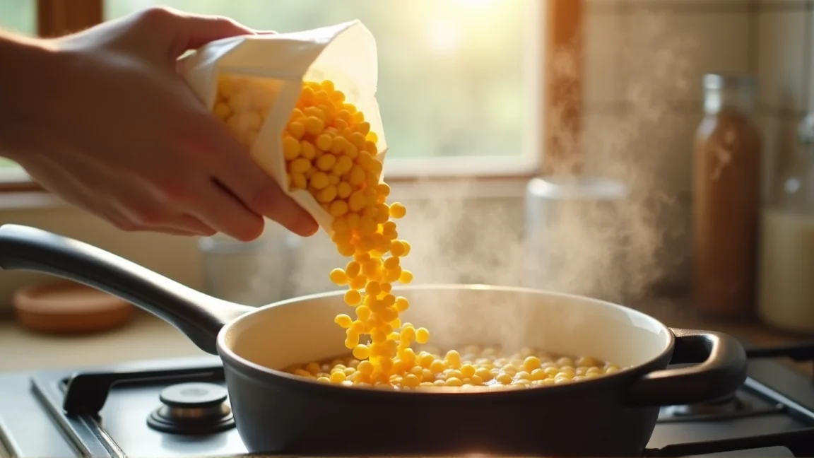 凍ったとうもろこしの粒を鍋に入れてスープを作る様子