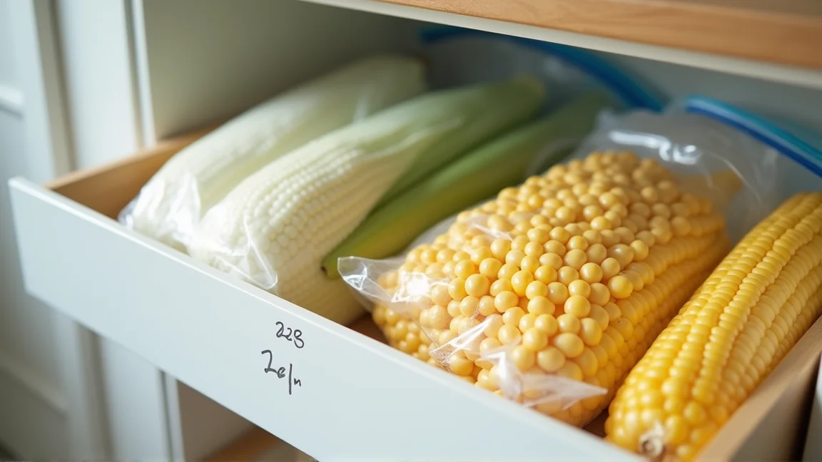 冷凍庫の中で日付を書いた保存袋を整理する様子