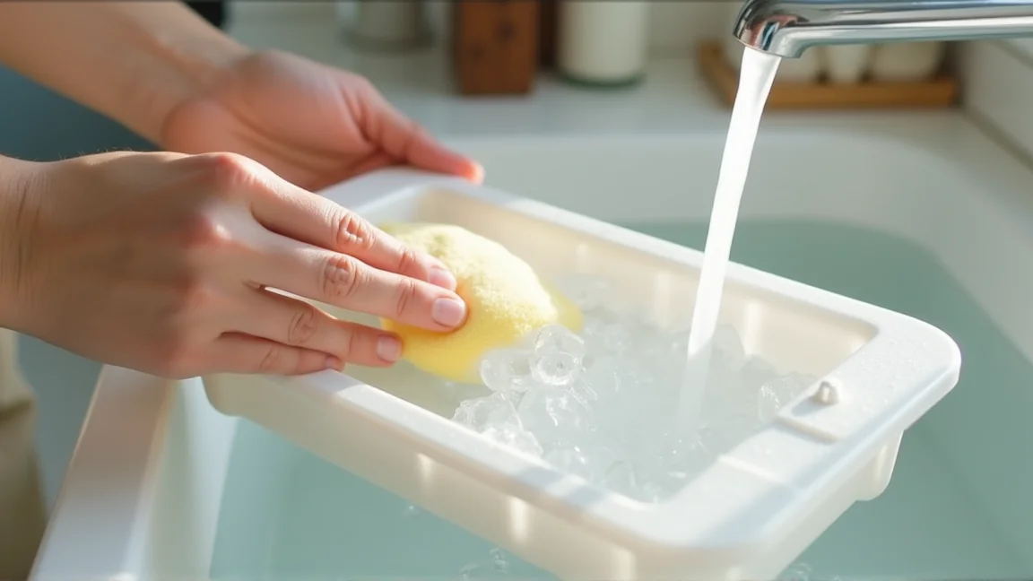 取り外した製氷皿の白いカルキ汚れをやわらかいスポンジで洗っている様子