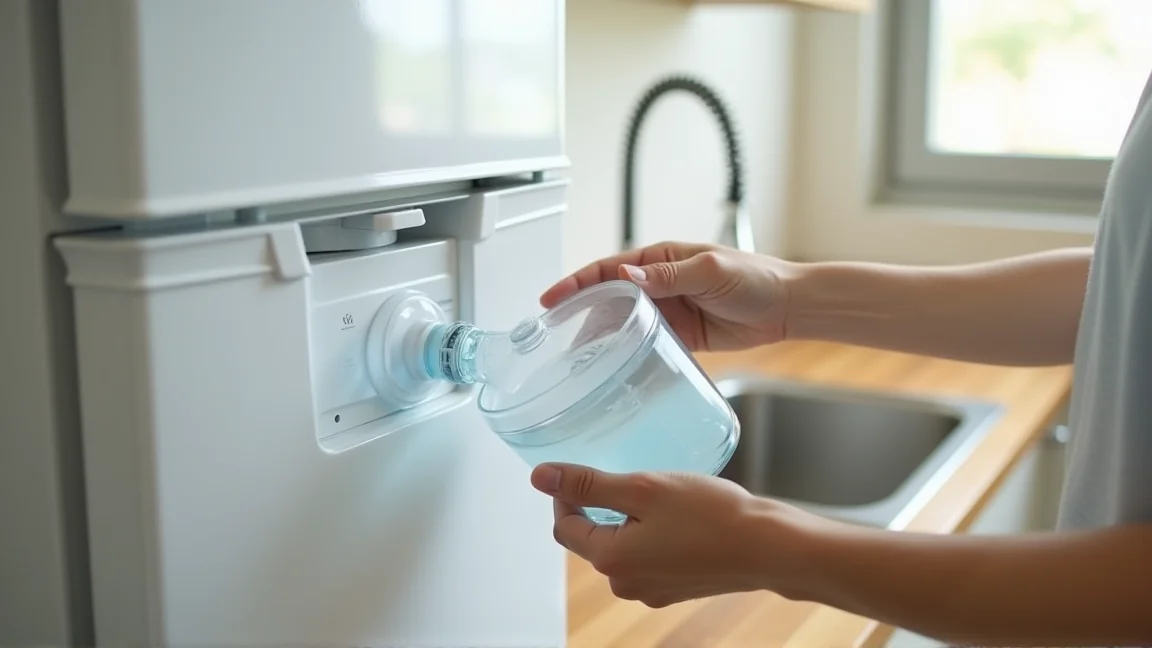 冷蔵庫の給水タンクを取り出して中の水量やフィルターを確認している様子