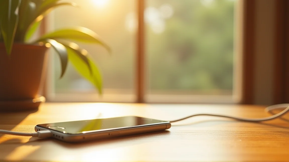 夏の窓辺で充電中に熱くなったスマホと充電ケーブル