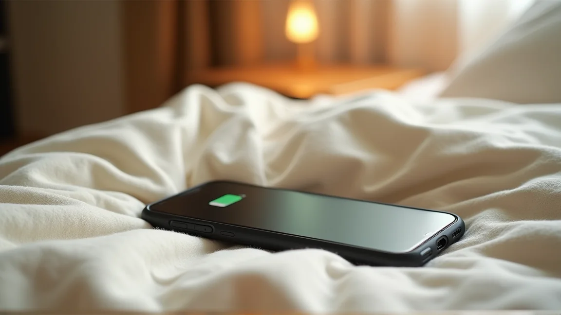 厚いケースをつけたまま布団の上で充電されているスマホ
