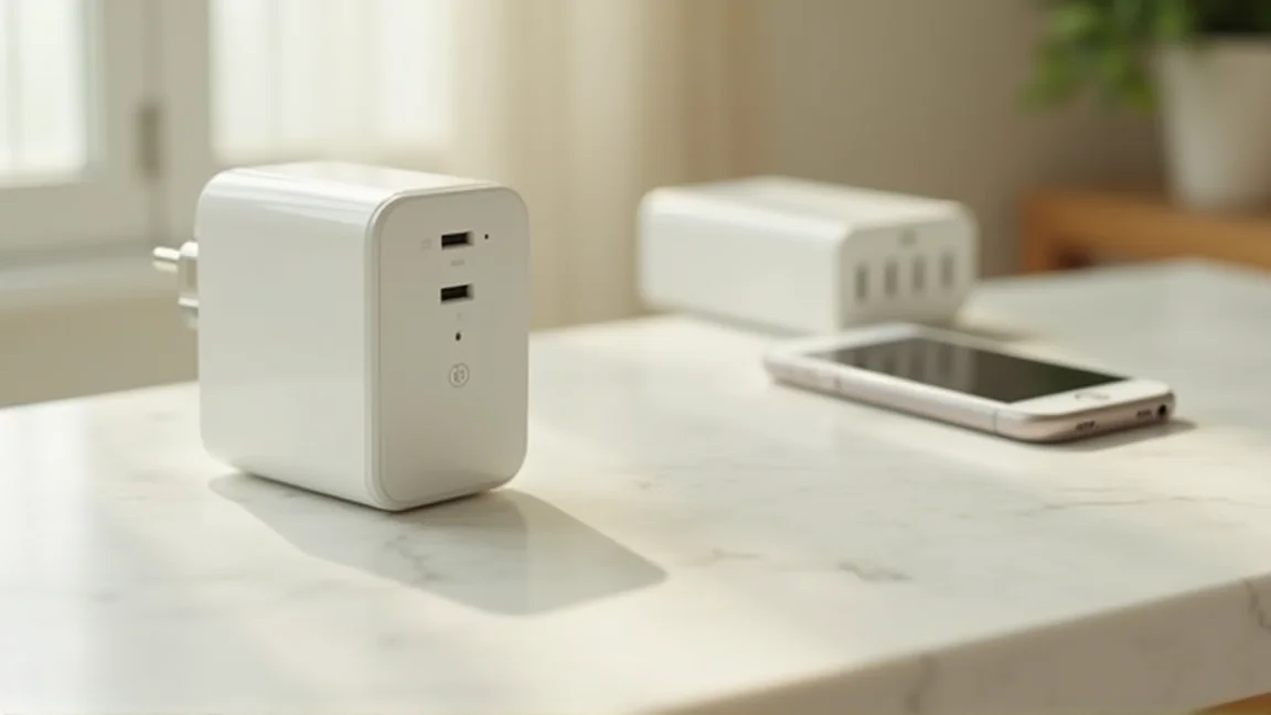テーブルに置かれたスマホと充電器を見比べて状態を確認する様子
