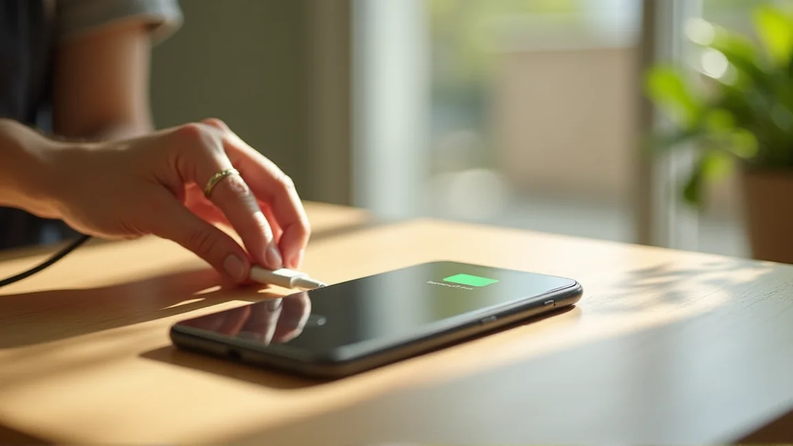 常温に戻ったスマホを涼しい場所で再び充電し始める手元