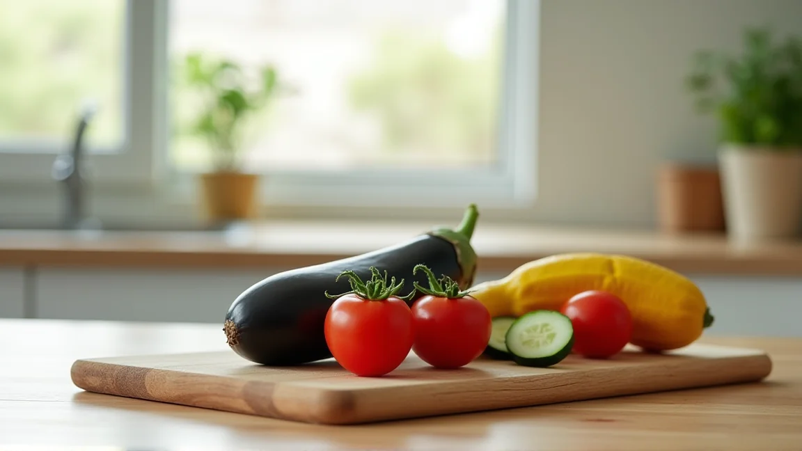 まな板の上に並んだなす・トマト・きゅうりなどの夏野菜