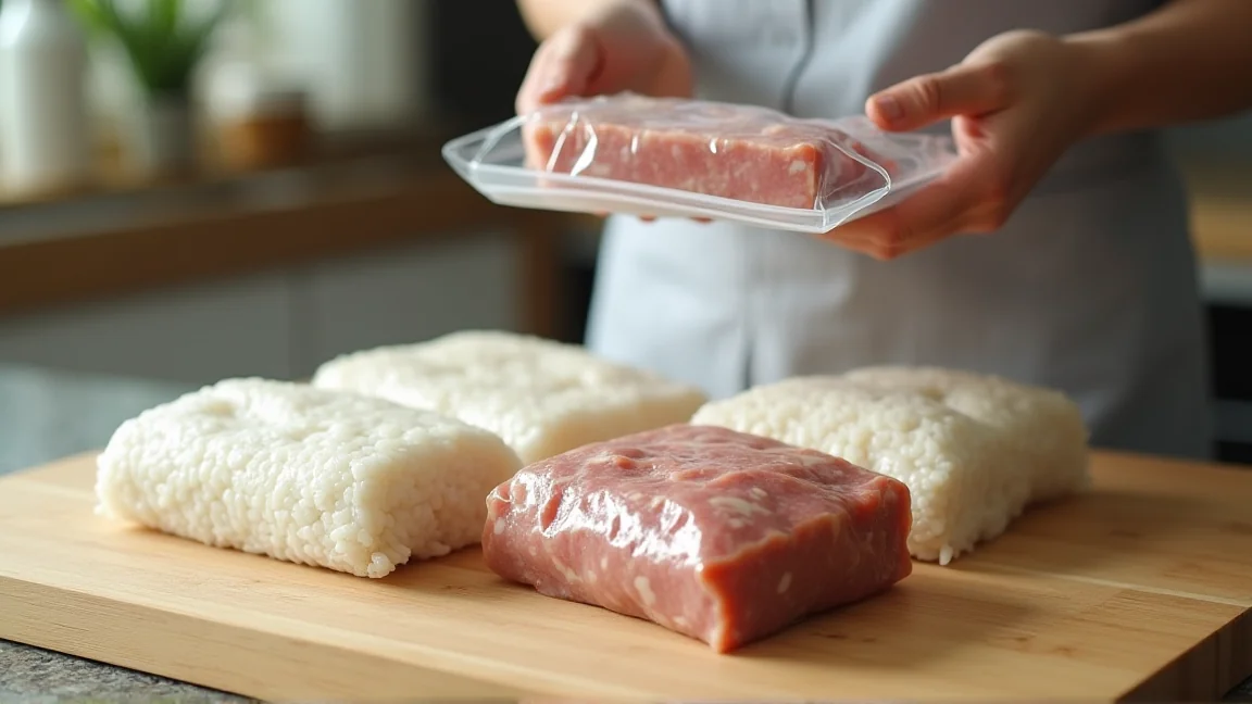 一食分ずつラップで包んで冷凍したごはんと小分けの肉を保存袋にまとめる様子