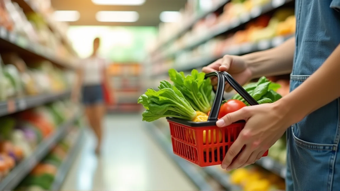 夏のスーパーで野菜売り場を見ながら少量の食材を選ぶ様子