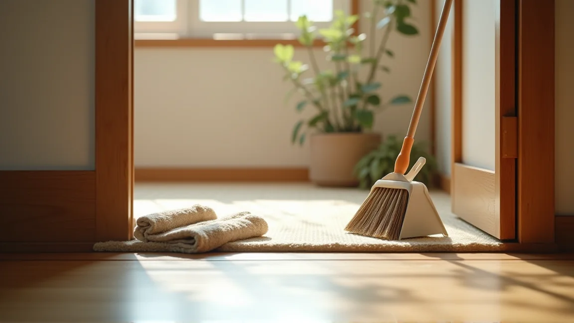 玄関掃除に使うほうきとちりとり、乾いた雑巾を並べた様子