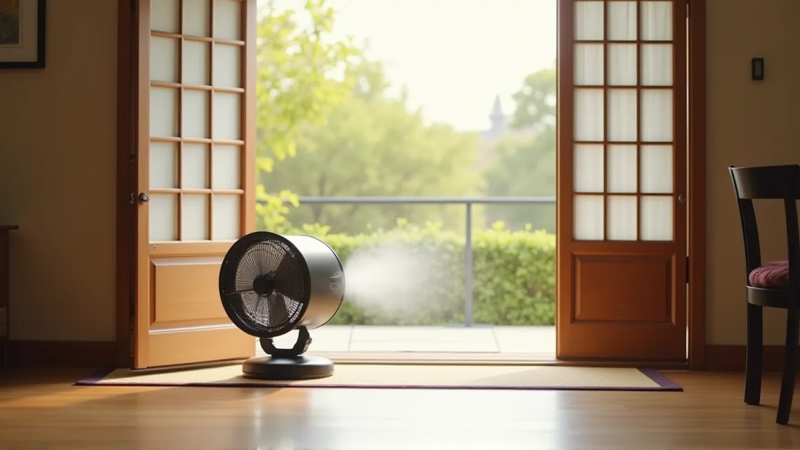 玄関のドアを開けてサーキュレーターで換気する様子
