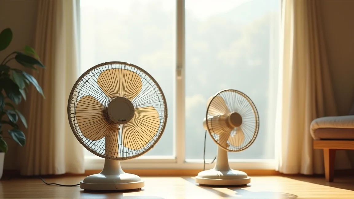 古い扇風機と新しい扇風機を並べて買い替えを検討する室内の様子