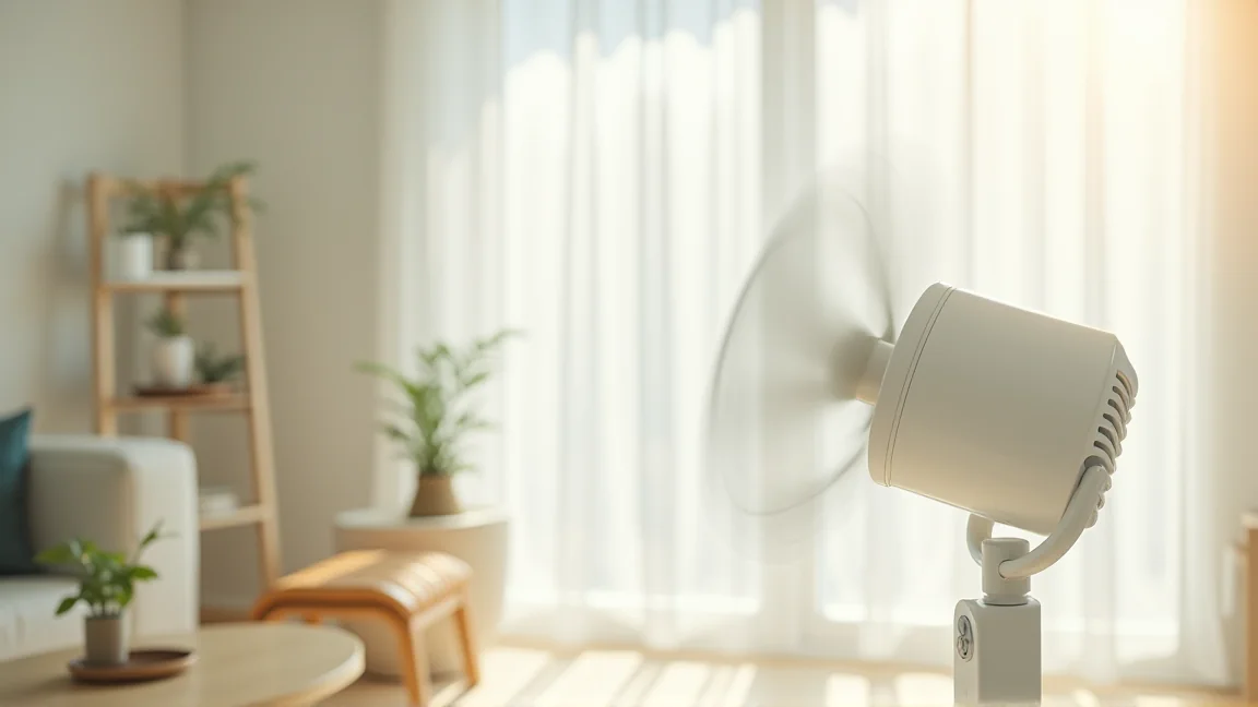 掃除を終えてきれいに動く扇風機が部屋で首を振っている様子
