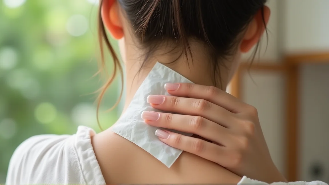 首筋に保冷剤を当てて涼む様子の手元