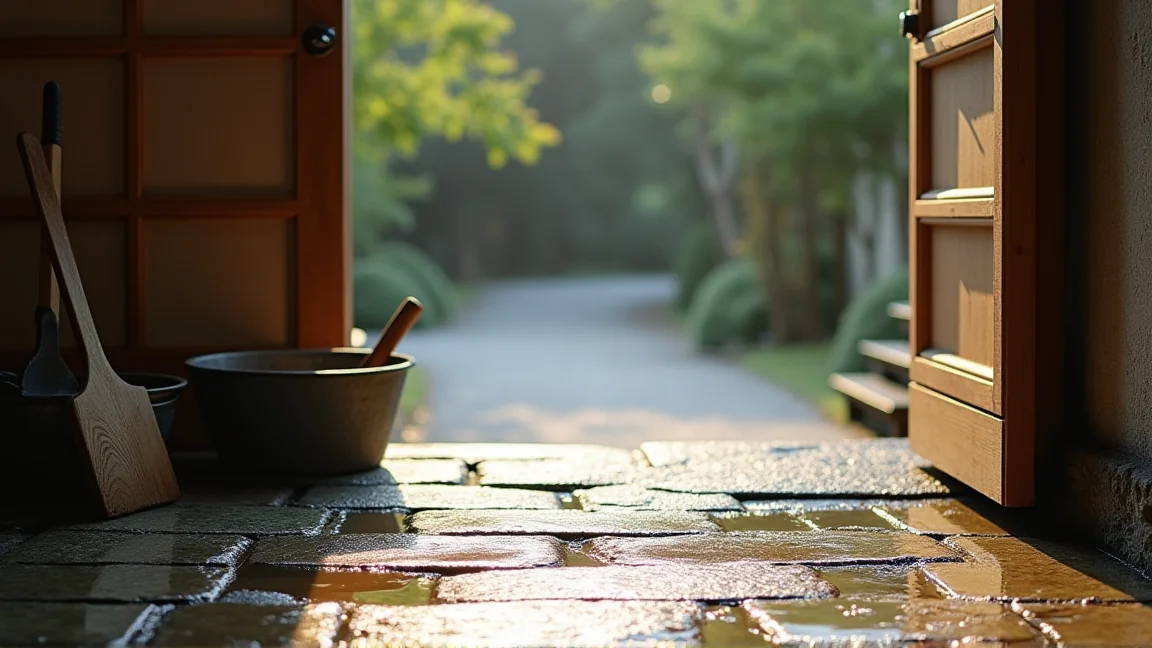 玄関先の石畳に柄杓で水をまいた直後の濡れた地面