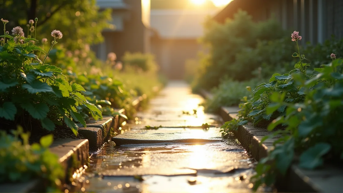 夕方の柔らかい光に濡れた庭の小道と打ち水のあとの涼しげな空気感