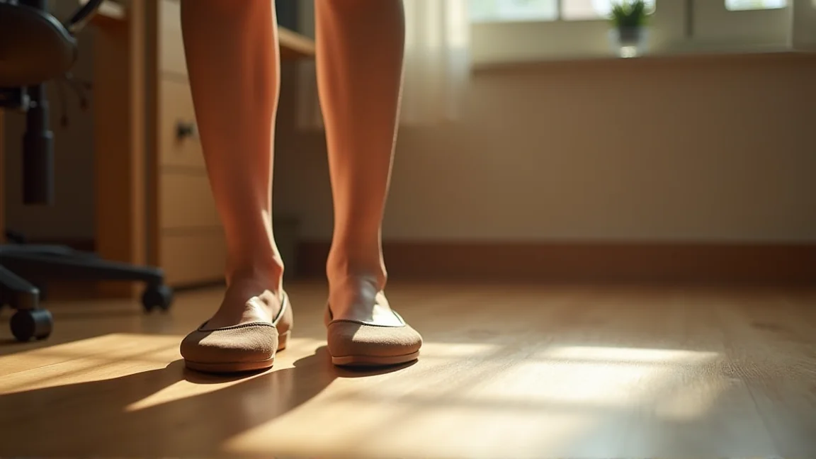 夕方にデスクの下で重だるくなった足元と床に置いたパンプス