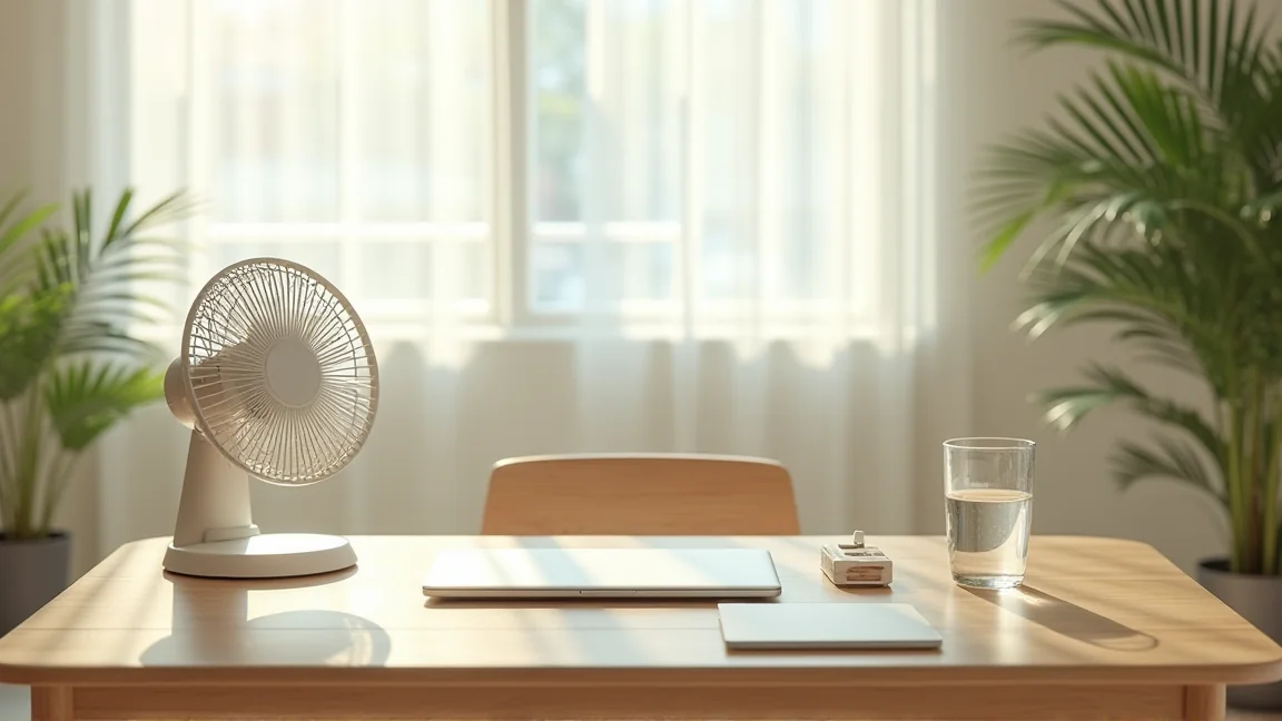 整った夏の在宅ワークデスク全体。卓上扇風機、冷感グッズ、水のグラス、ノートパソコン