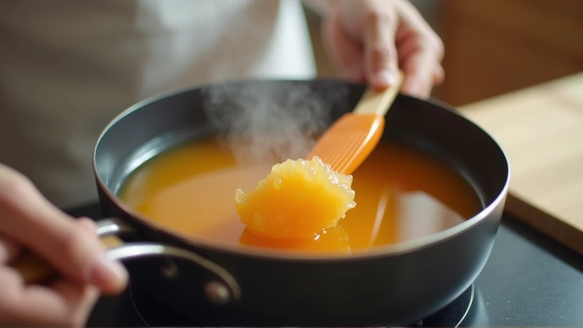 鍋でゼリー液を温め直し、ふやかした追いゼラチンを加える手元