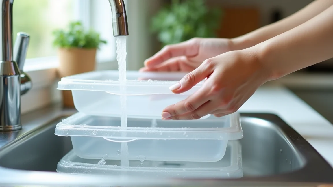 取り外した冷蔵庫の棚やトレーを台所のシンクで中性洗剤を使って洗っている手元