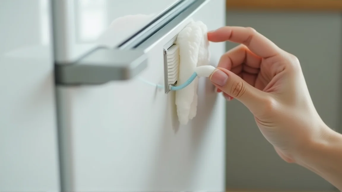 冷蔵庫のドアパッキンの溝を綿棒や古い歯ブラシでていねいに掃除している手元のクローズアップ