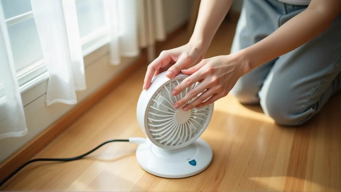 電源プラグを抜いた扇風機を点検する手元