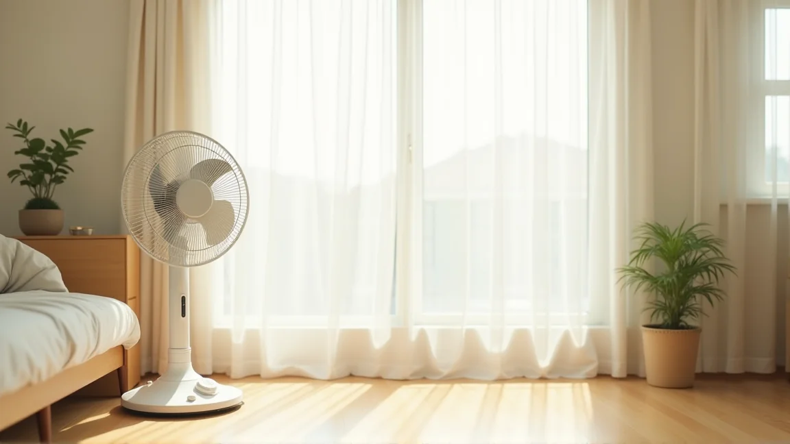 掃除を終えてきれいに回る扇風機のある涼しい部屋