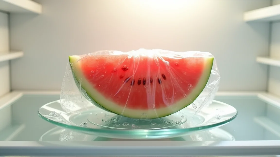 冷蔵庫の中でラップをかけて保存された半月切りのスイカ