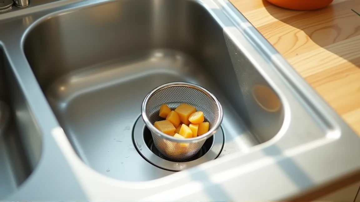 排水口に水切りネットをセットして生ごみをまとめる様子