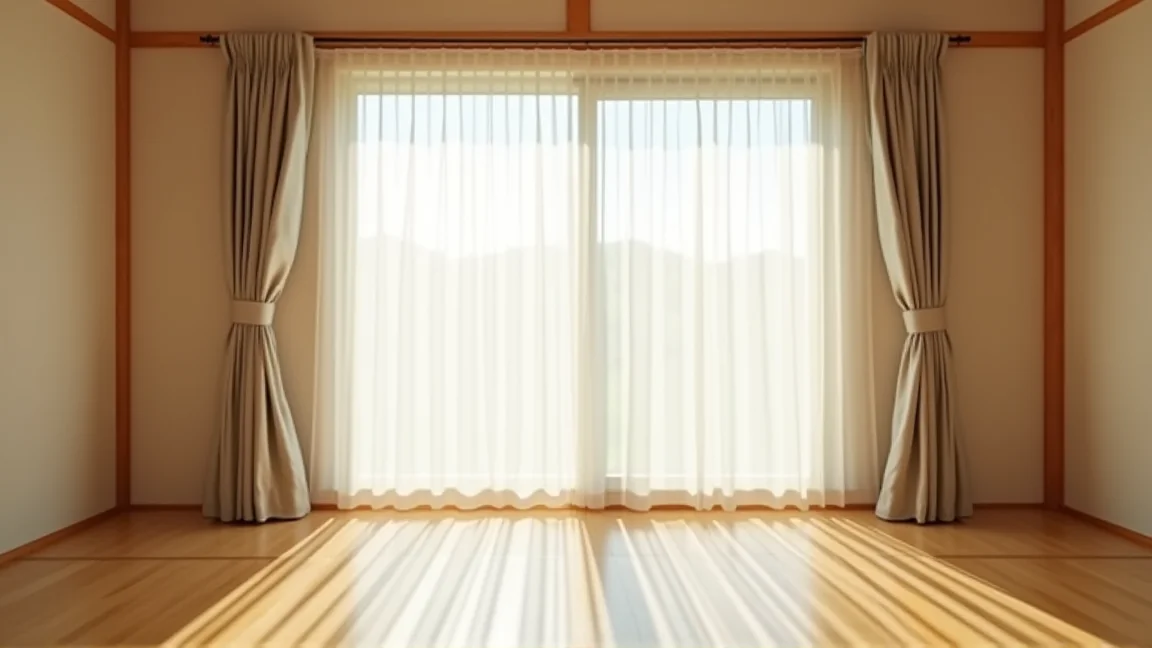 窓に厚手の防音カーテンをかけた明るい室内