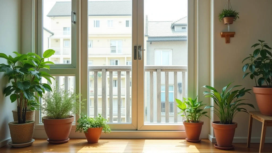 植木鉢と網戸のあるベランダ