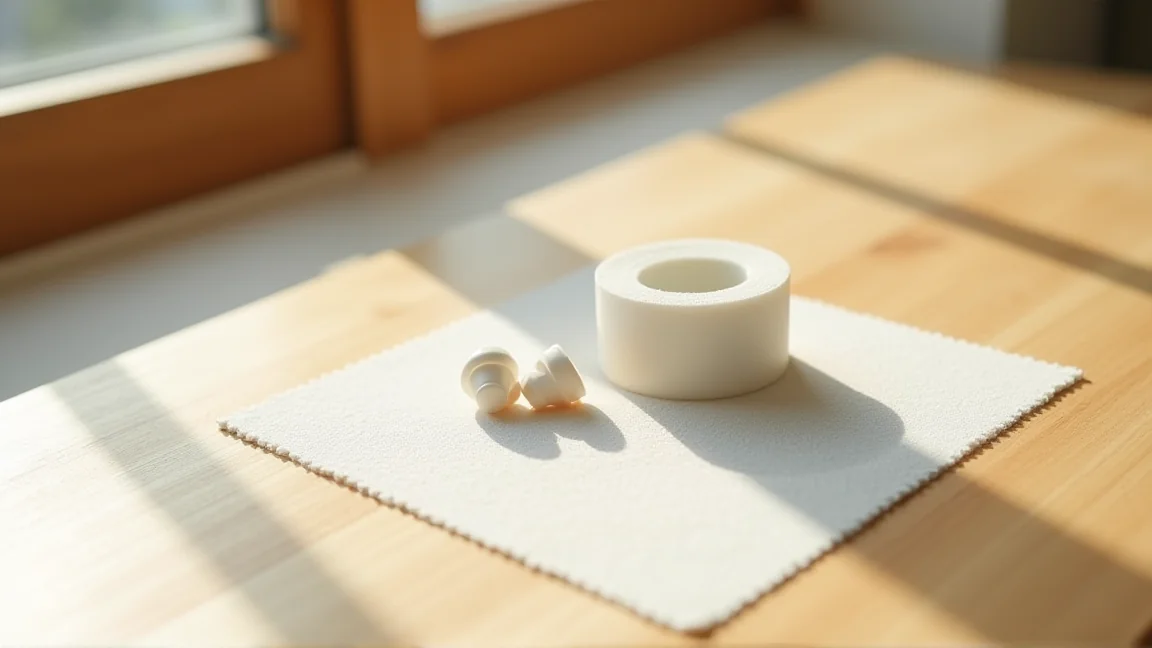 机に並んだ耳栓やすき間テープなどの対策グッズ
