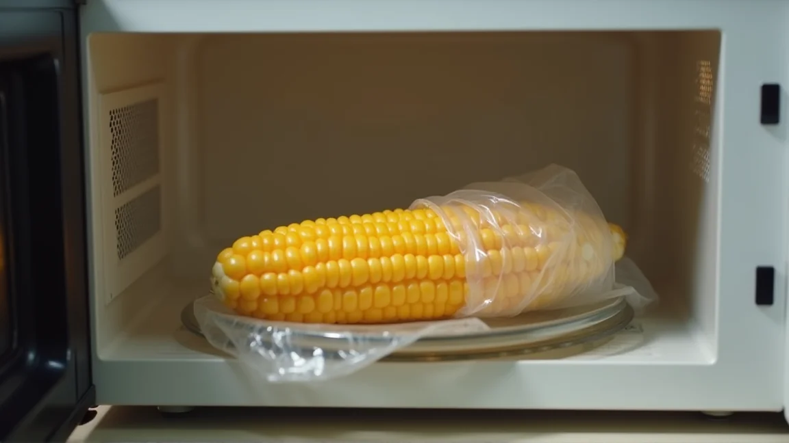 ラップで包んだとうもろこしを電子レンジに入れる様子