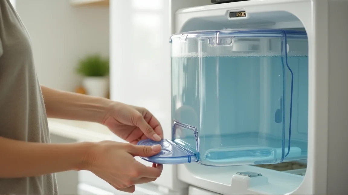 冷蔵庫の給水タンクを取り出して水位を確認する手元