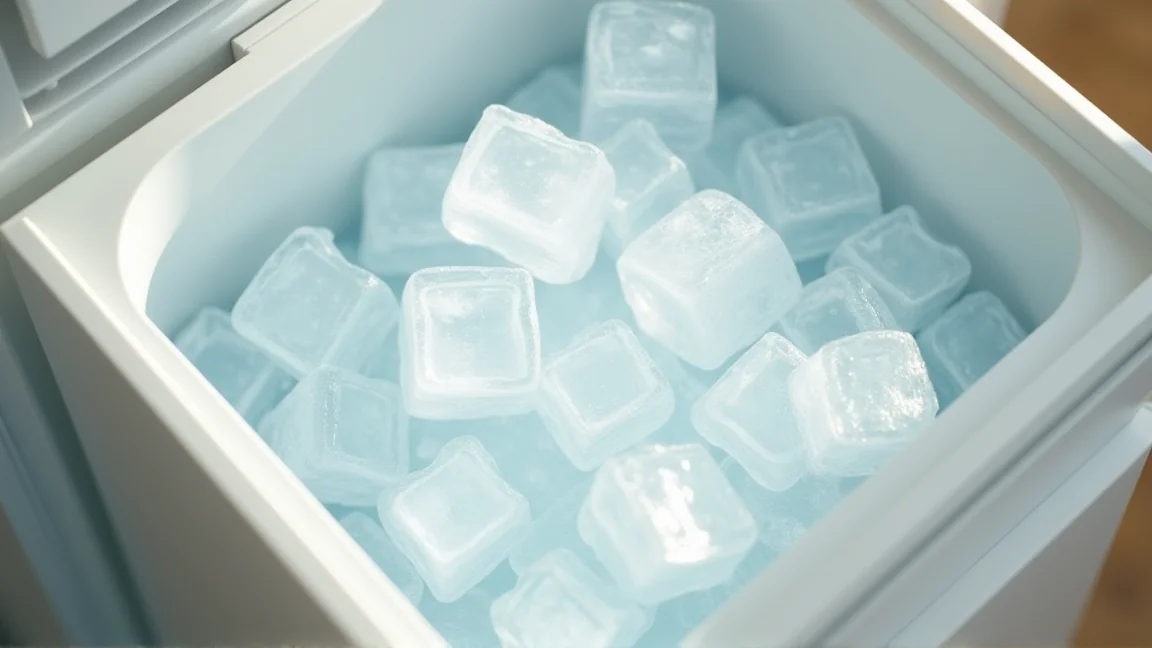 氷がたっぷり入った冷蔵庫の製氷ケースの俯瞰