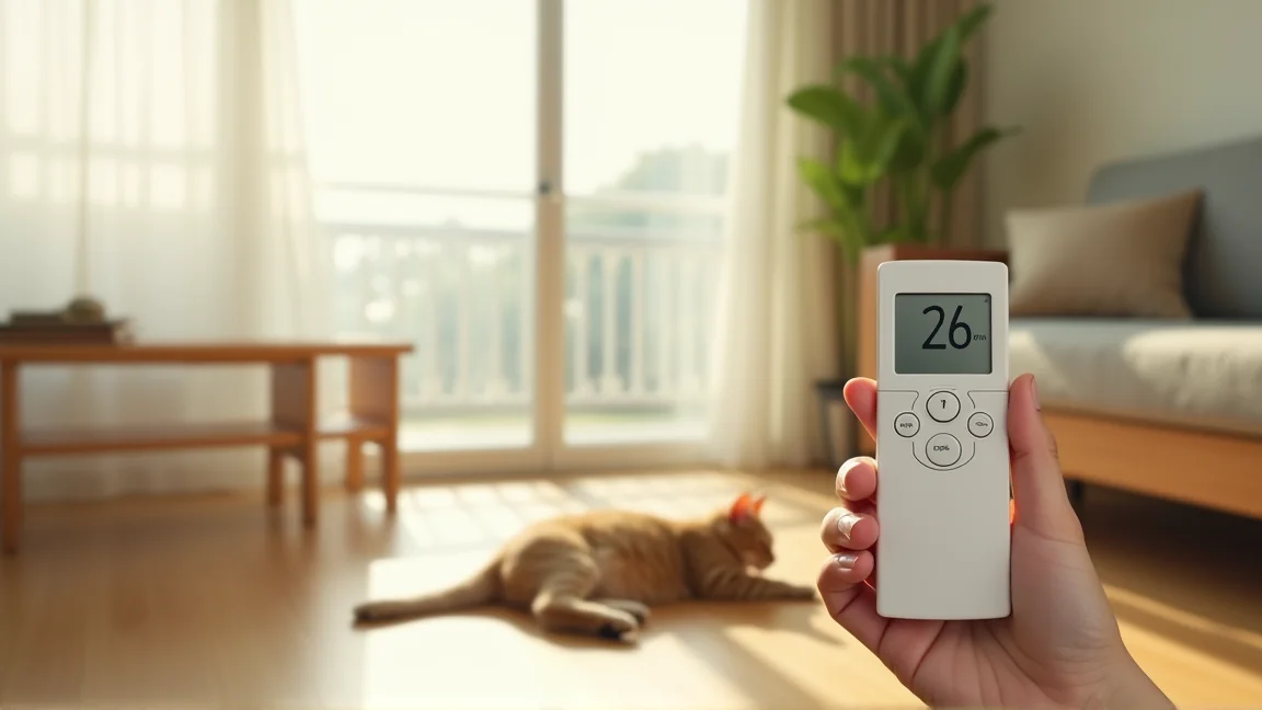 エアコンのリモコンで冷房26度に設定する手元と、近くでくつろぐ猫