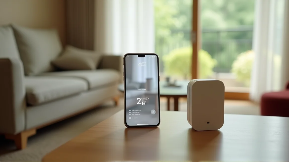 外出先からスマホで部屋の室温を確認する様子と通信機能つき温湿度計
