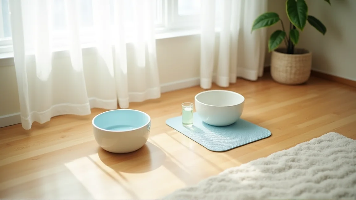 複数の水飲み場とペット用ひんやりジェルマットが置かれた部屋