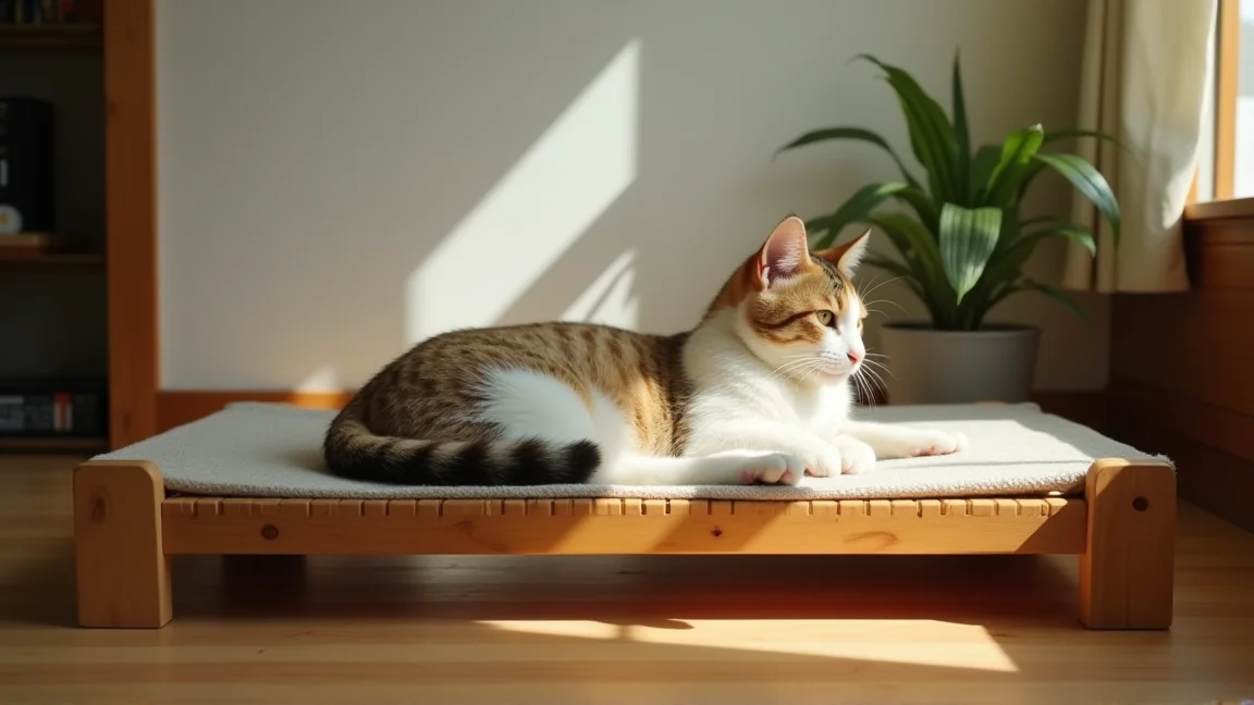 涼しい部屋ですのこのベッドにくつろぐ猫