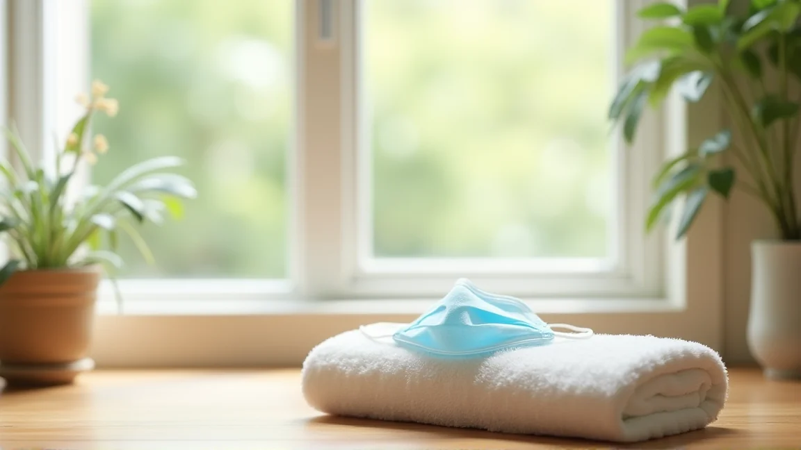 風通しのよい明るい部屋に清潔なマスクとタオルが置かれた様子