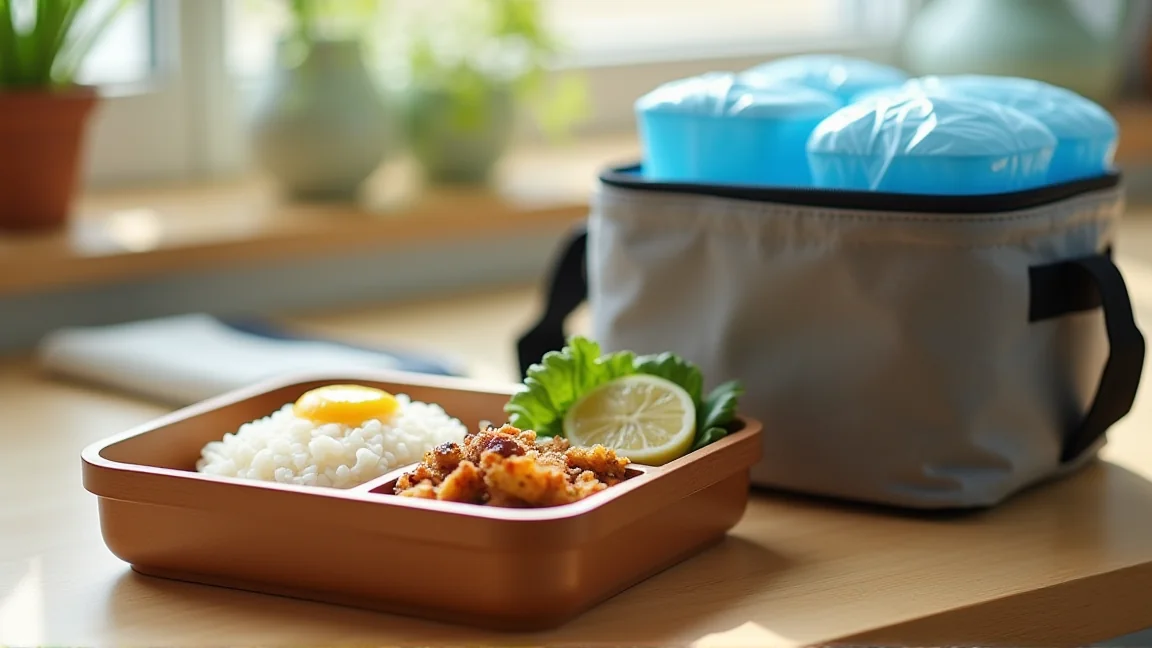保冷剤と一緒に保冷バッグへ入れた夏の弁当箱