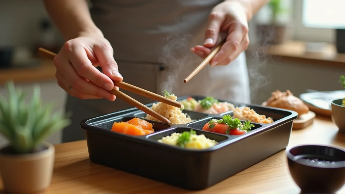 よく冷ましてからおかずを詰める弁当の手元