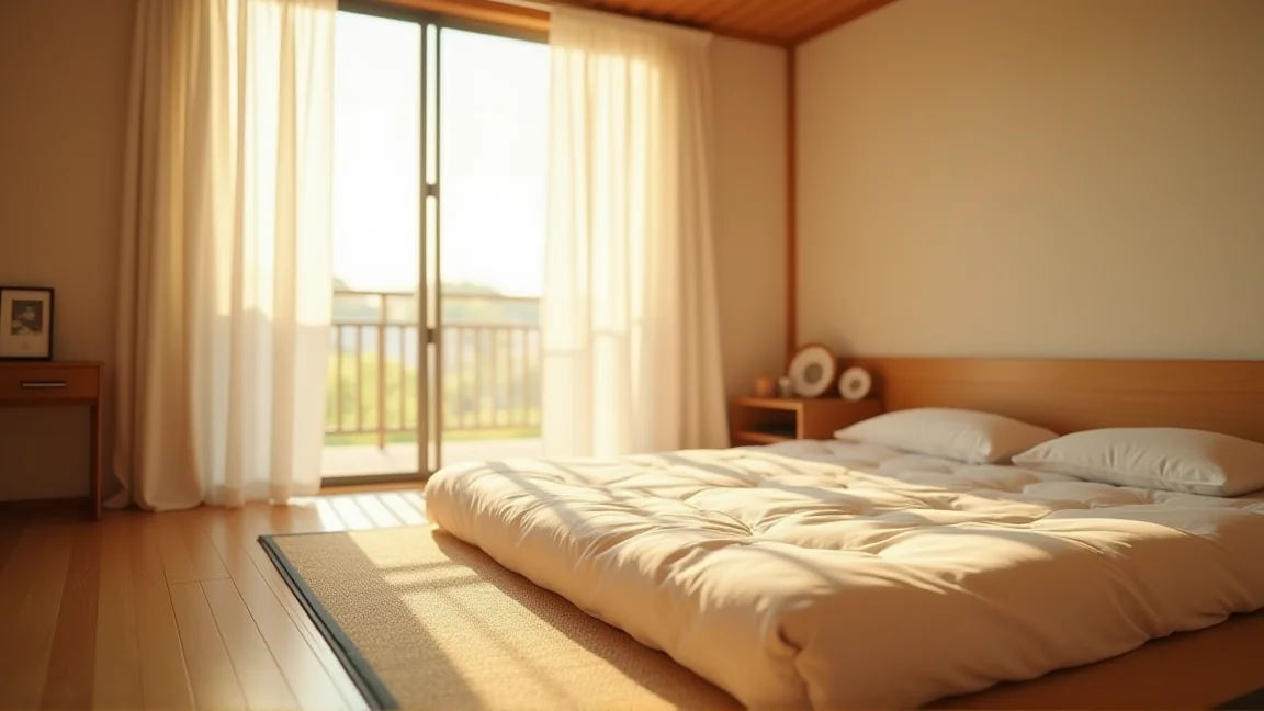 夏の朝に寝室でカーテン越しに光が差し込む様子