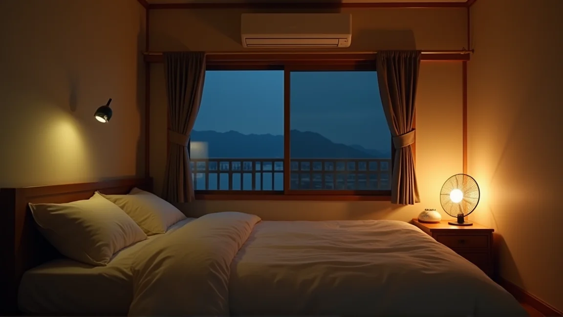 夜の寝室でエアコンと扇風機を使った快眠環境