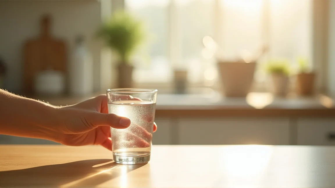 朝にコップ一杯の水を飲む手元