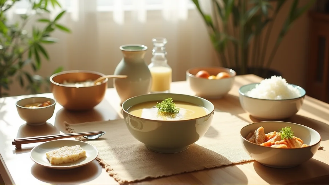 夏の朝の明るい食卓に並ぶみそ汁と簡単な朝食