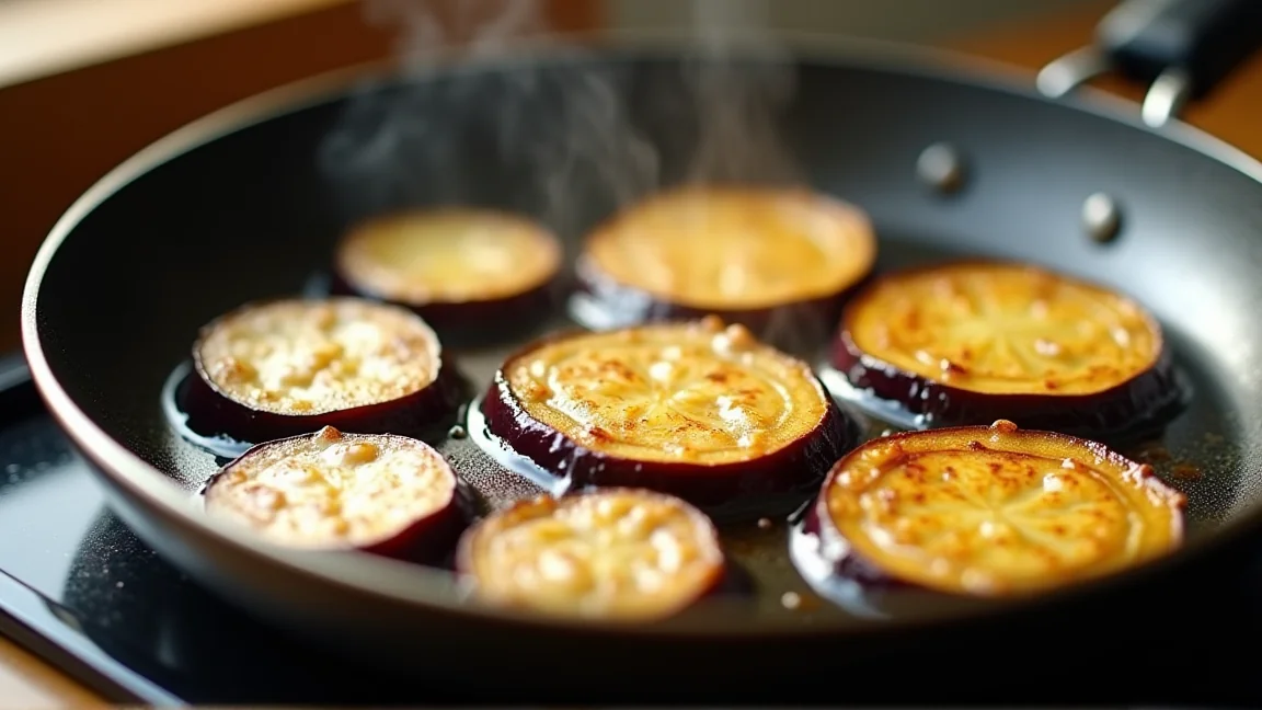 フライパンで焼かれるなすの輪切り