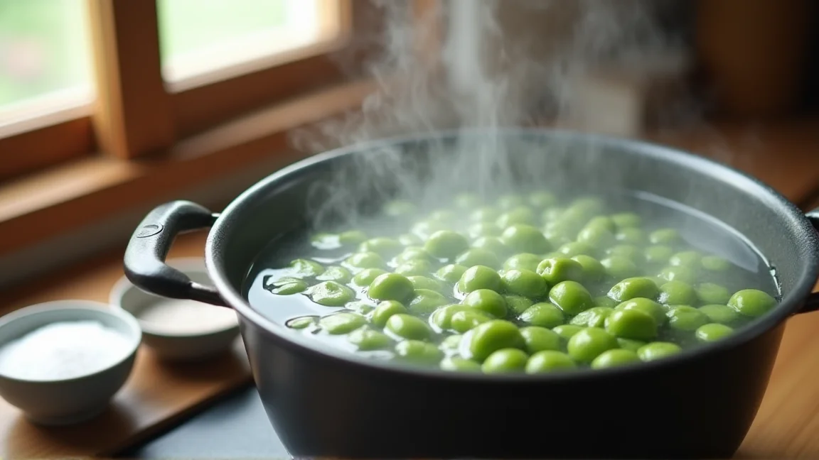 沸騰した鍋に塩を加えて枝豆を茹でている様子と湯気