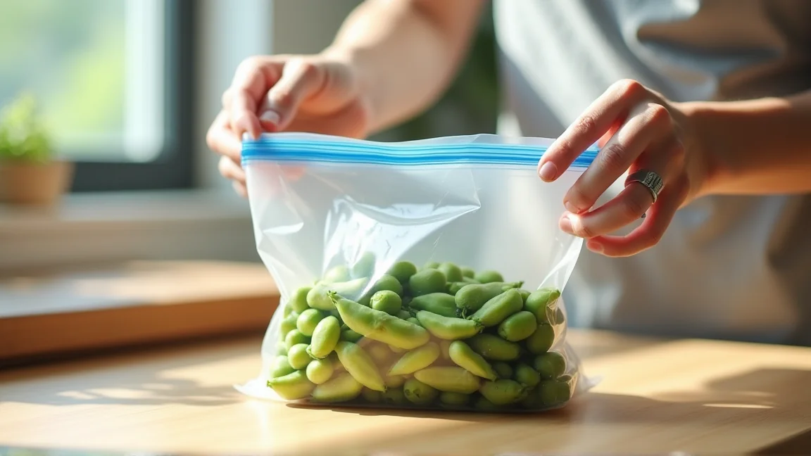 茹でた枝豆を冷凍用保存袋に平らに入れているところ