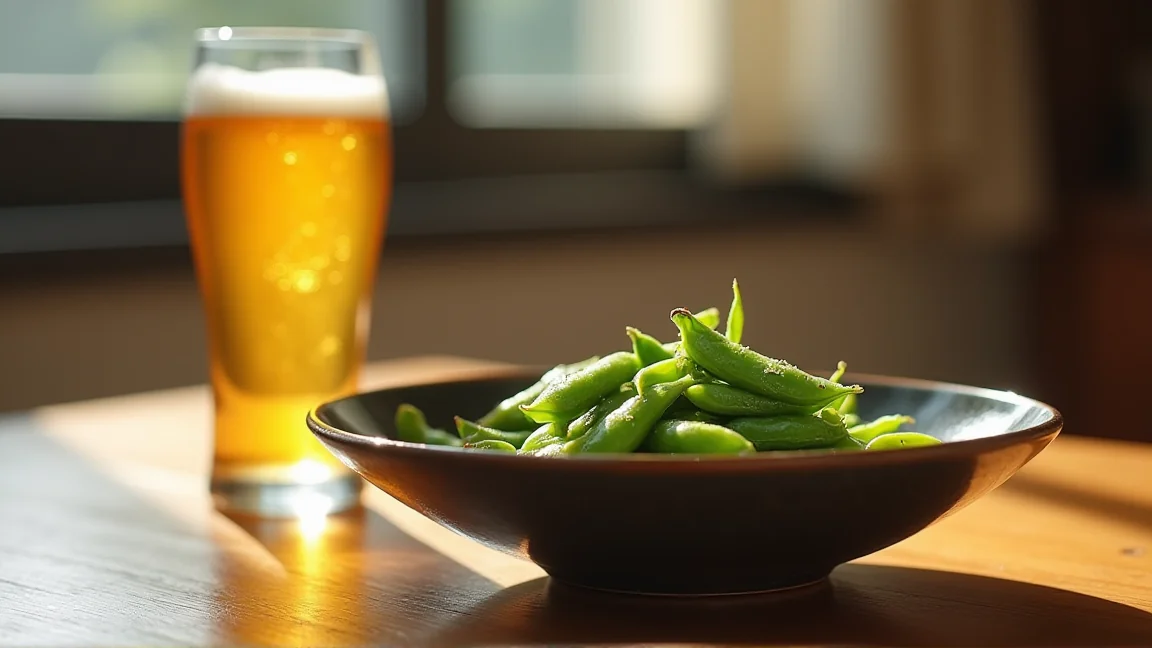 器に盛られたつやのある塩ゆで枝豆とビールのグラス