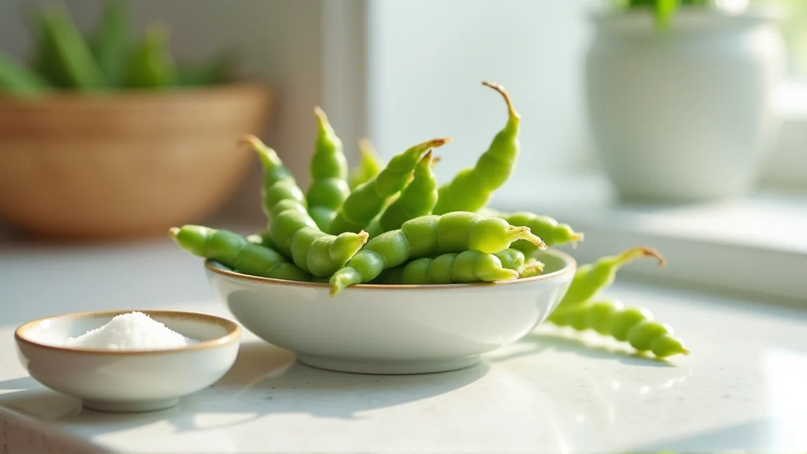 キッチンカウンターに置かれた旬の枝豆と塩の入った小皿