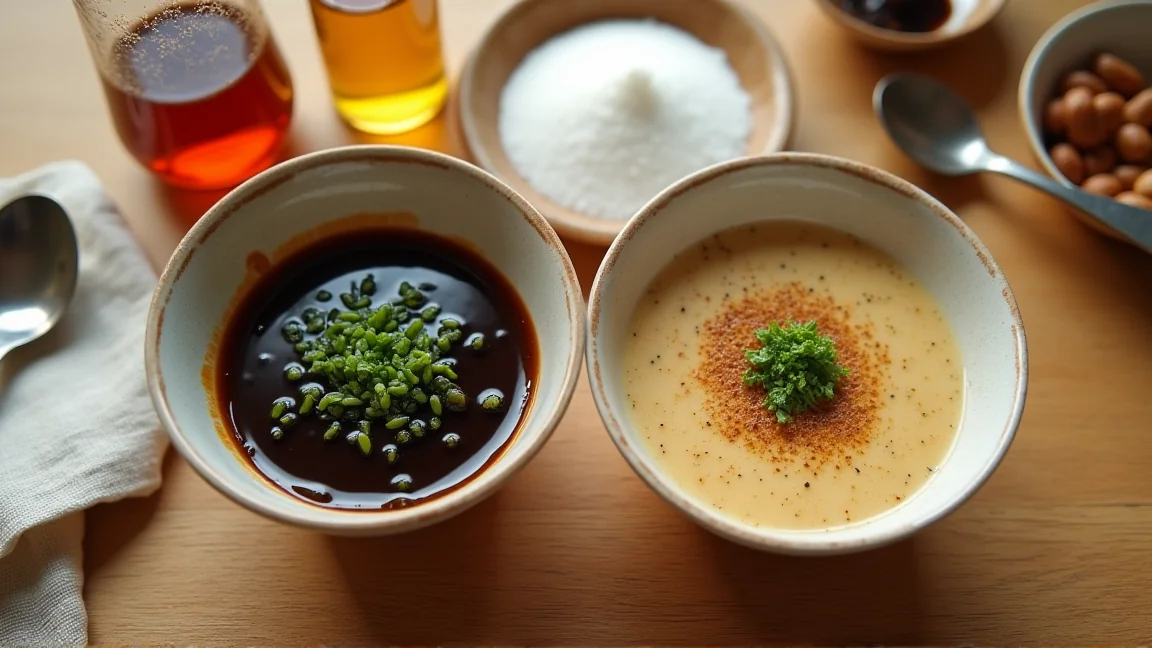醤油だれとごまだれの2種類のタレを小鉢に入れ、調味料と計量スプーンを並べた様子